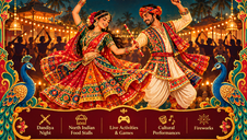 Couple performing Dandiya in colourful traditional Indian costumes at Navranga Dandiya Night in Kerala Arts & Crafts Village, Kovalam