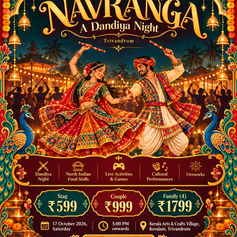 Couple performing Dandiya in colourful traditional Indian costumes at Navranga Dandiya Night in Kerala Arts & Crafts Village, Kovalam