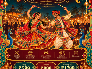 Couple performing Dandiya in colourful traditional Indian costumes at Navranga Dandiya Night in Kerala Arts & Crafts Village, Kovalam