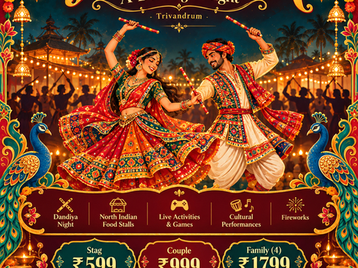 Couple performing Dandiya in colourful traditional Indian costumes at Navranga Dandiya Night in Kerala Arts & Crafts Village, Kovalam