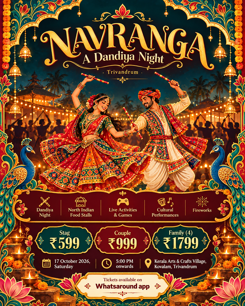 Couple performing Dandiya in colourful traditional Indian costumes at Navranga Dandiya Night in Kerala Arts & Crafts Village, Kovalam.