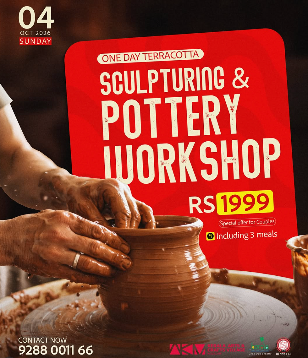 Pottery wheel and clay pot on the workshop poster from Kerala Arts & Crafts Village
