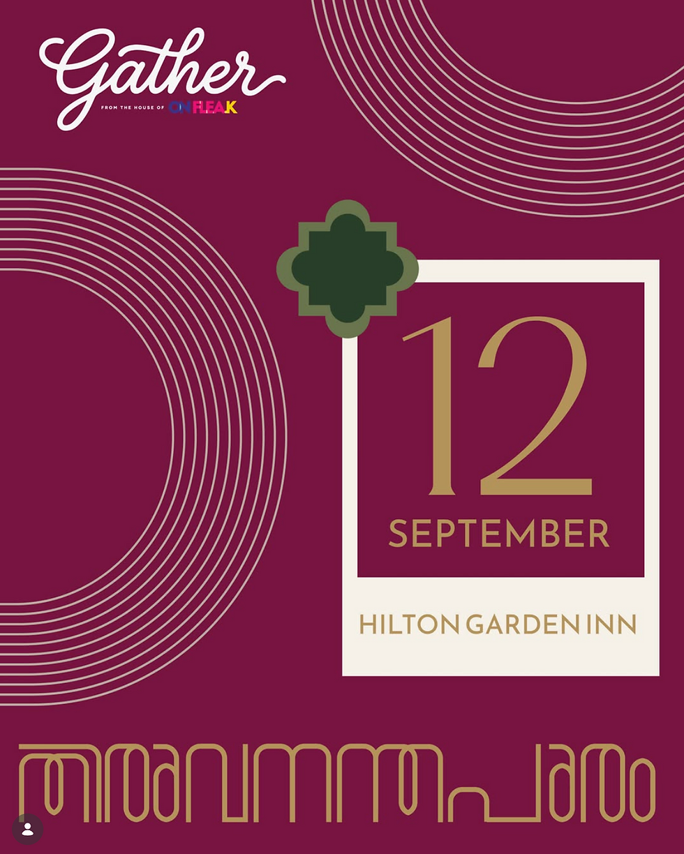 Poster for Gather by On Fleak, a curated pop-up market at Hilton Garden Inn Trivandrum on September 12, 2026, with free entry.
