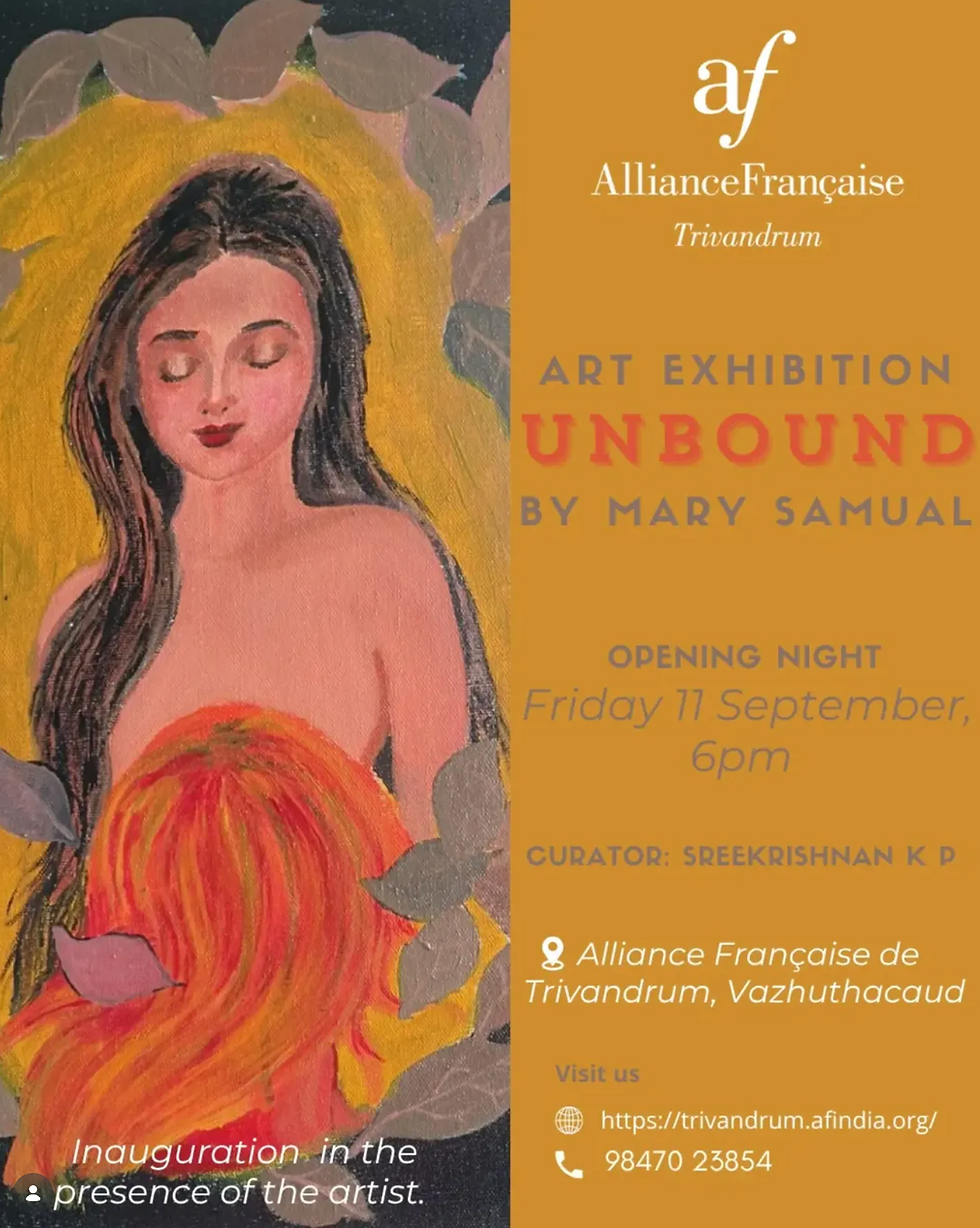 Poster for UNBOUND, an art exhibition by Mary Samual at Alliance Française de Trivandrum opening on September 11, 2026.