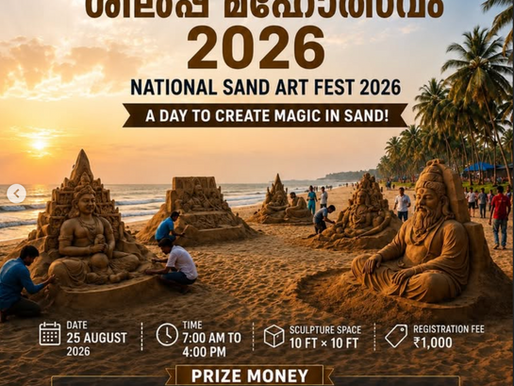 Художники создают большие песчаные скульптуры на St. Andrews Golden Beach во время National Sand Art Fest 2026 в Тривандруме.