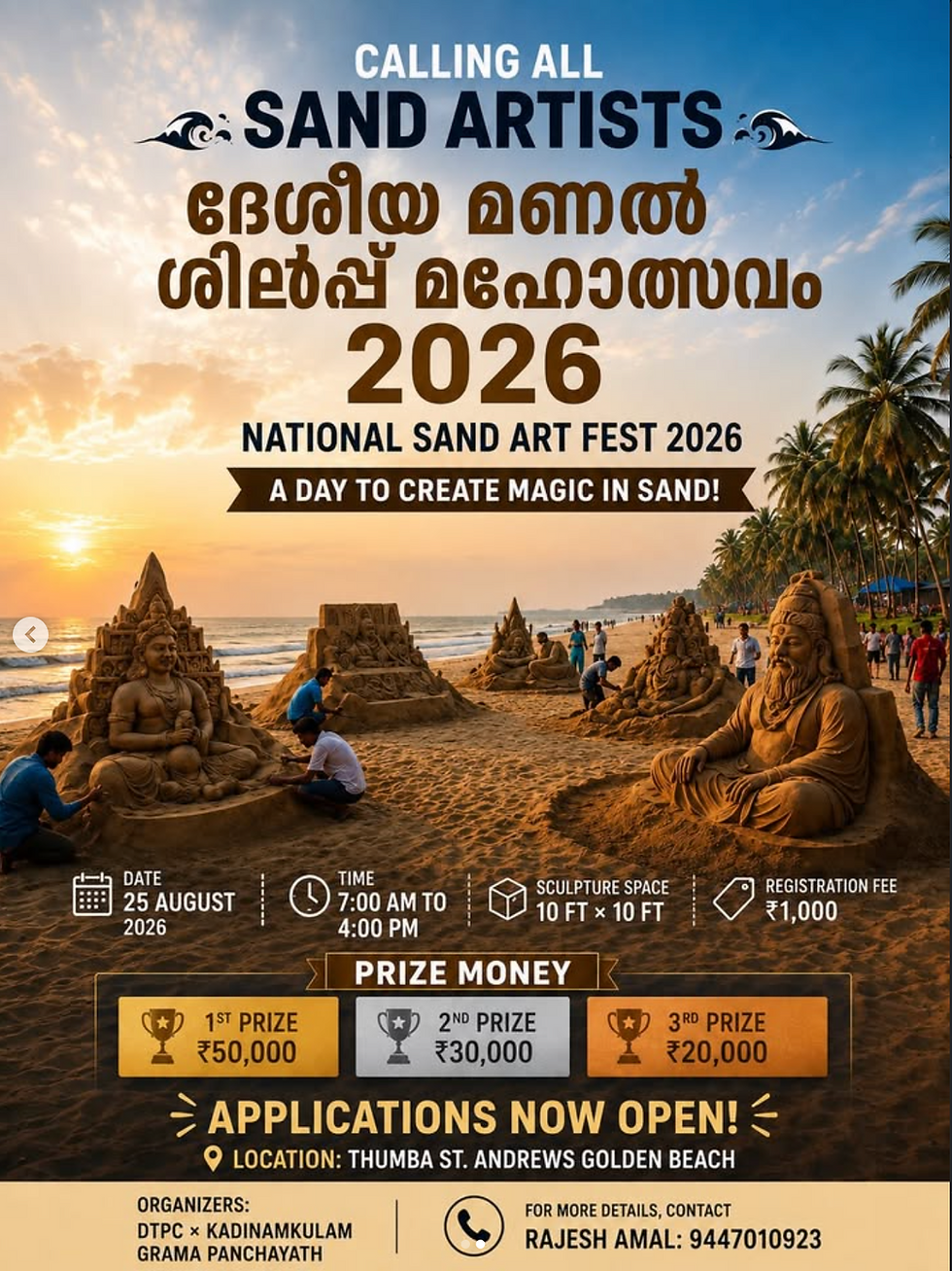 Artists creating large sand sculptures at St. Andrews Golden Beach during National Sand Art Fest 2026 in Trivandrum.