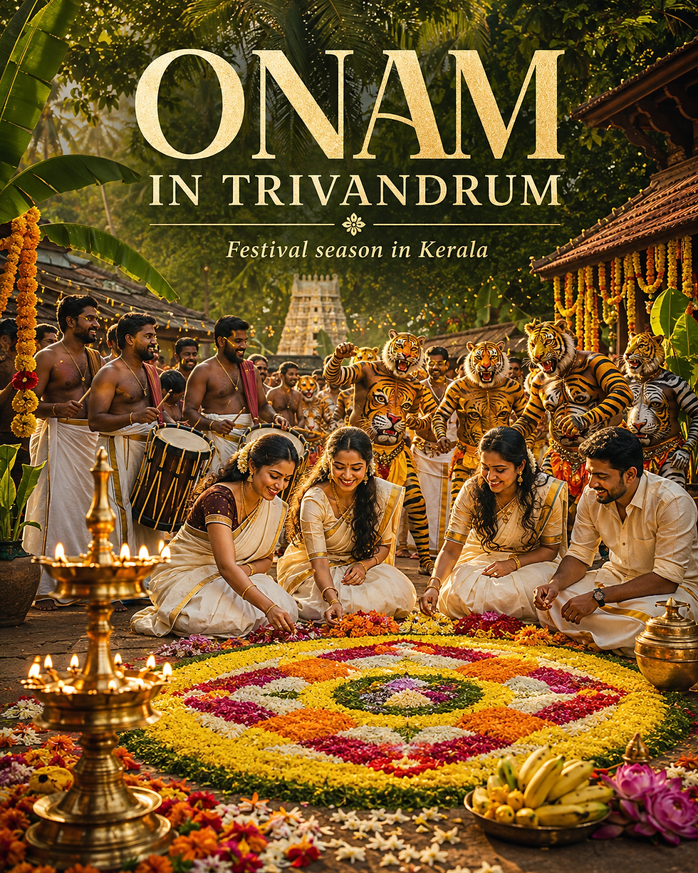 Onam Tourism Week Celebration 2026 programme in Trivandrum featuring cultural performances at Kanakakkunnu and the grand closing parade on August 30.