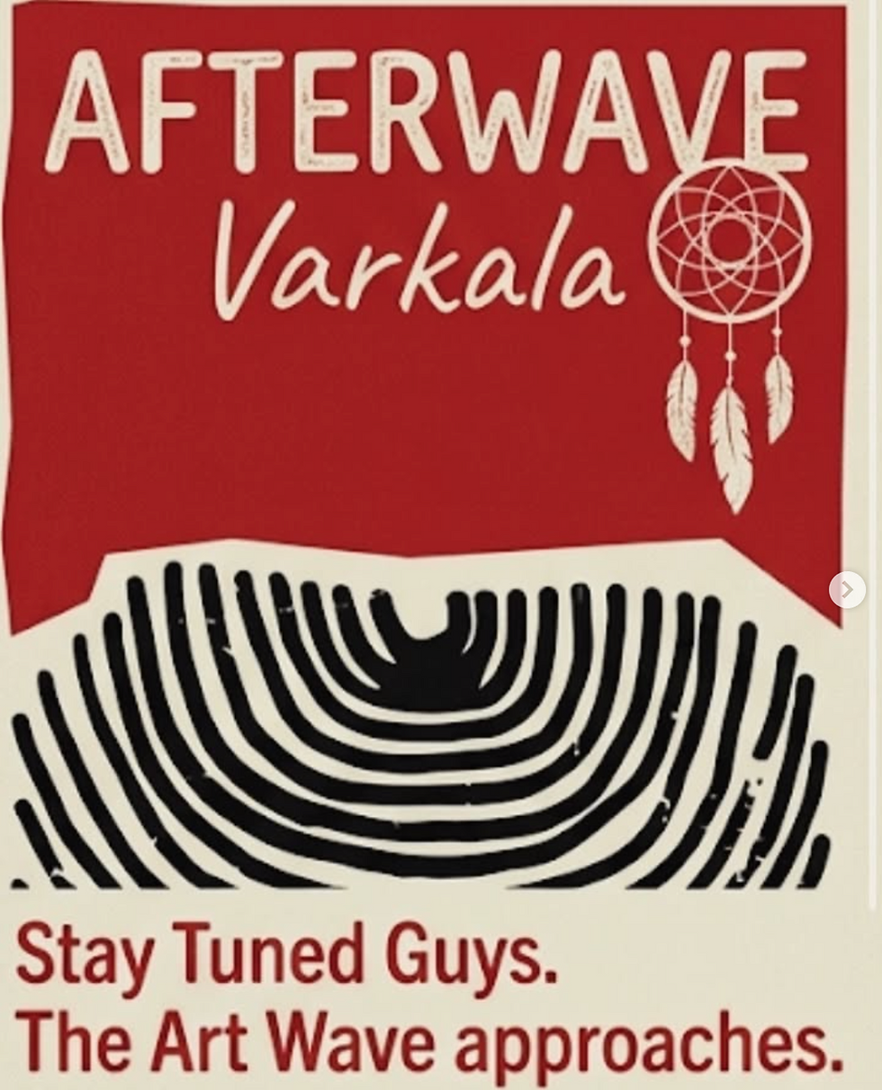Афиша AFTERWAVE Varkala - нового арт-фестиваля с инсталляциями, музыкальными сессиями и творческими встречами в Варкале 25 сентября 2026 года.