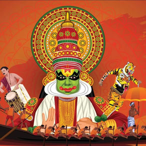 Иллюстрация Onam в Керале с царём Махабали, лодкой-змеёй, барабанщиком и тигром Pulikali