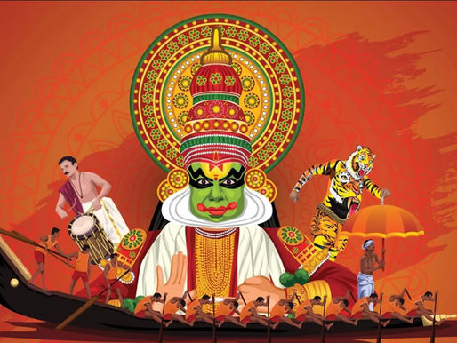 Иллюстрация Onam в Керале с царём Махабали, лодкой-змеёй, барабанщиком и тигром Pulikali