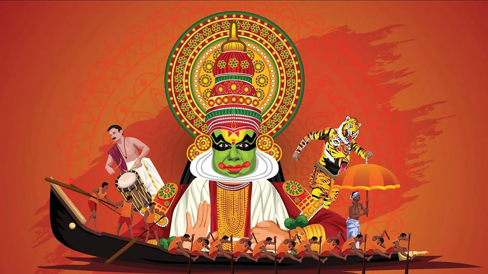 Иллюстрация Onam в Керале с царём Махабали, лодкой-змеёй, барабанщиком и тигром Pulikali