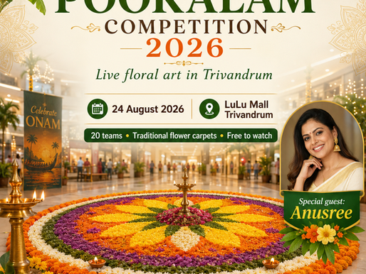 Teams creating traditional Onam pookalam floral carpets at the Birla Opus competition at LuLu Mall Trivandrum on August 24, 2026.