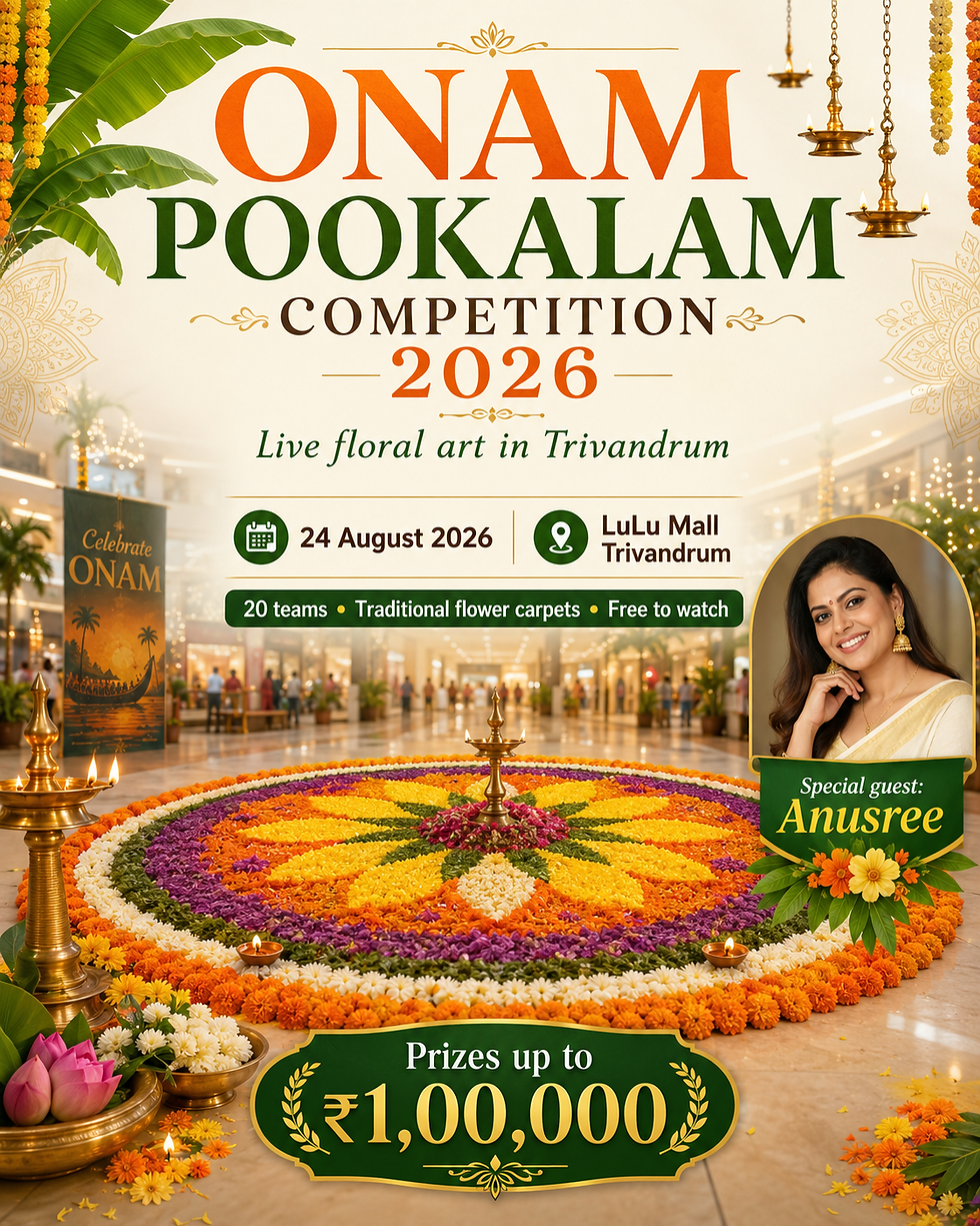 Teams creating traditional Onam pookalam floral carpets at the Birla Opus competition at LuLu Mall Trivandrum on August 24, 2026.