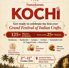 Poster for the Grand Festival of Indian Crafts in Kochi from October 2–11, 2026, featuring 125+ master artisans from more than 25 Indian states.