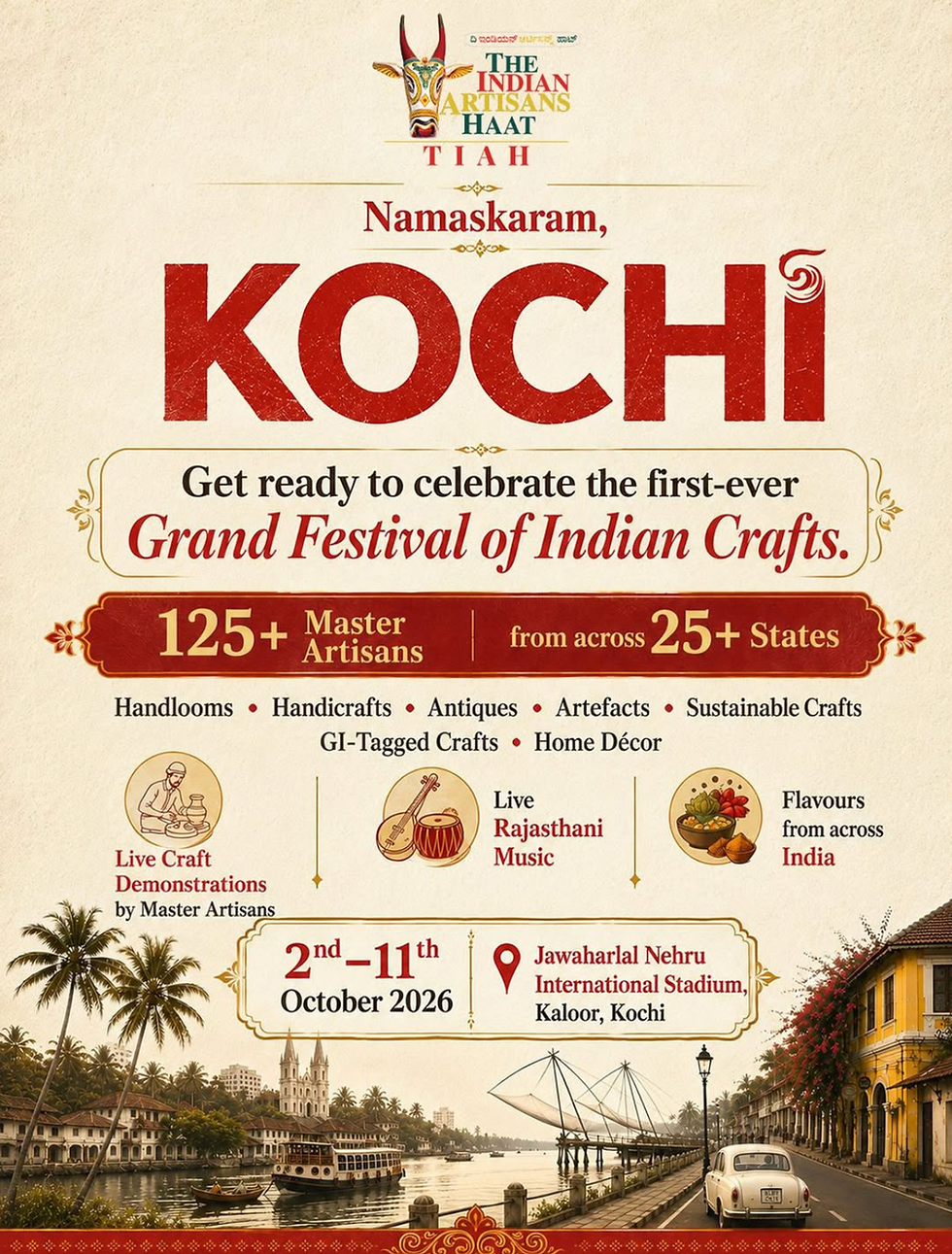 Poster for the Grand Festival of Indian Crafts in Kochi from October 2–11, 2026, featuring 125+ master artisans from more than 25 Indian states.