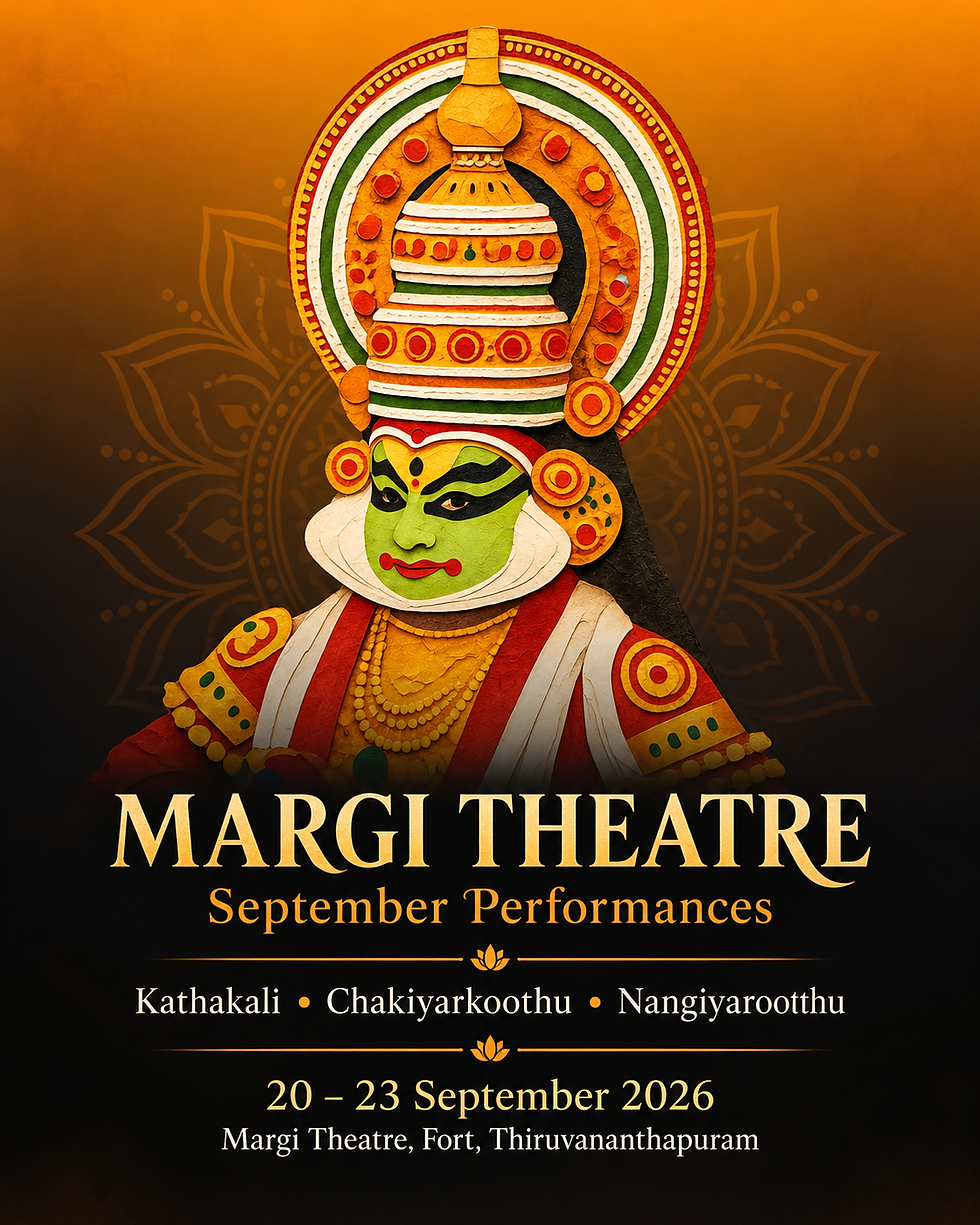 Kathakali performer in traditional costume for the Margi Theatre Thiruvananthapuram programme, September 20–23, 2026.